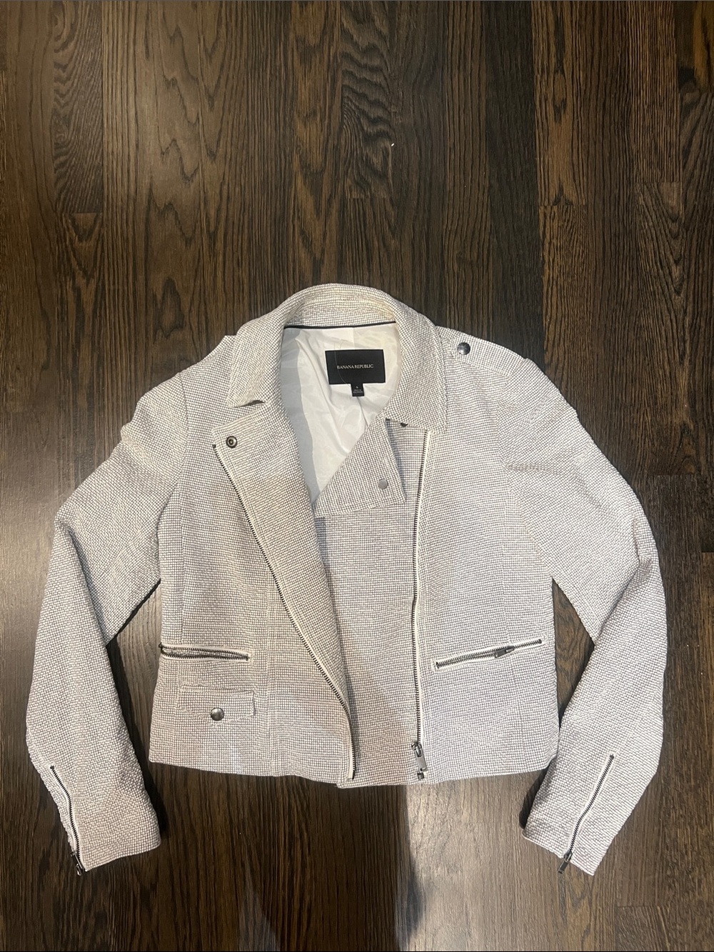 NWOT NEW Banana Republic Light Gray Black White Textured Moto-Style Blazer | 6